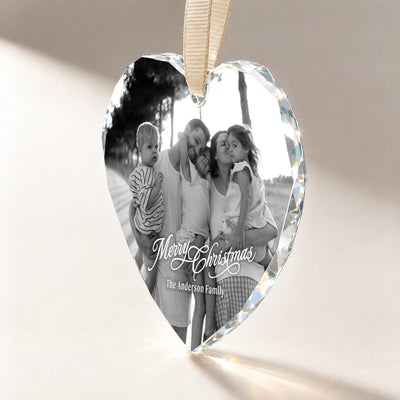Personalized Merry Christmas Heart Glass Ornament – Custom Black and White Family Photo and Last Name, Family Memories Keepsake Gift