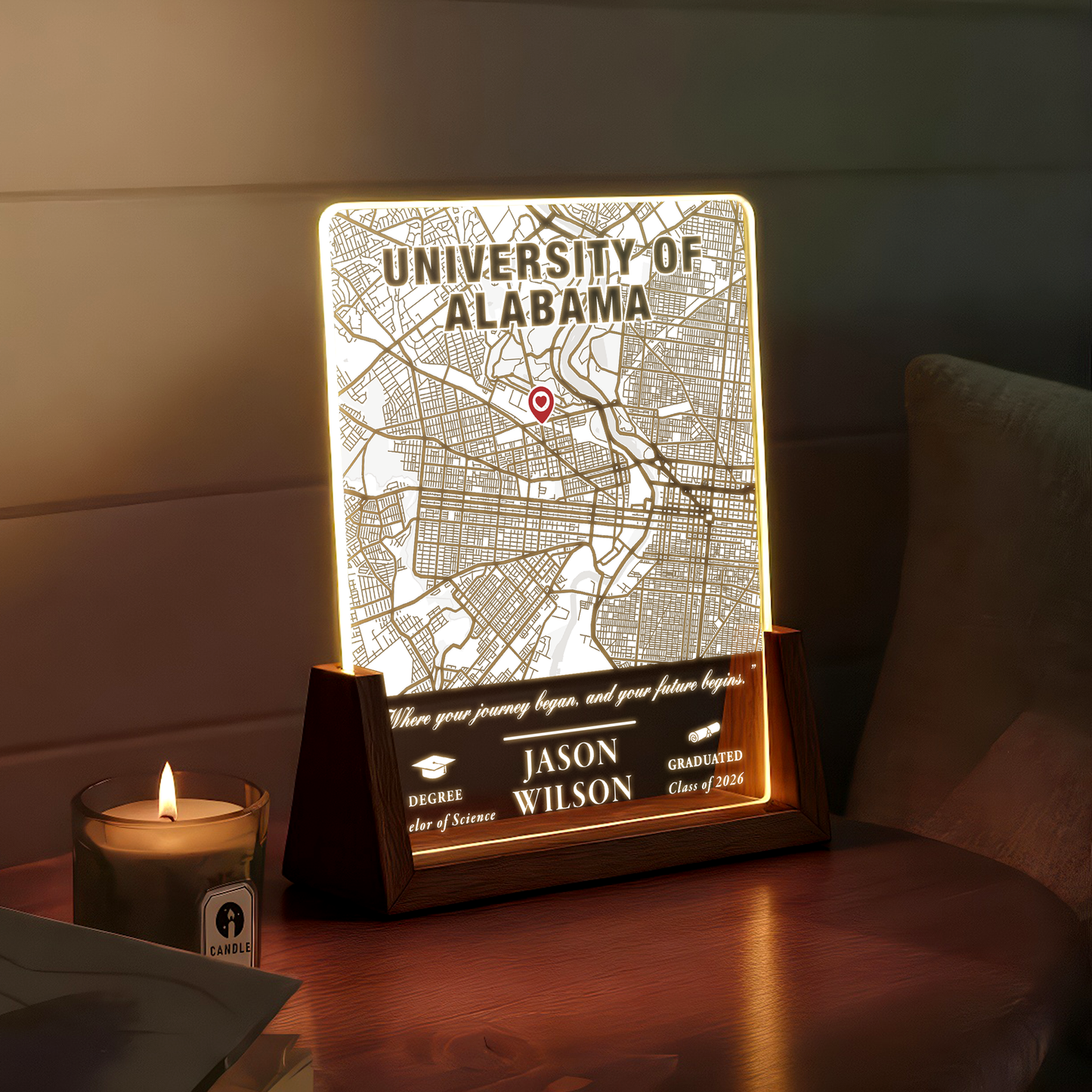 Personalized Graduation Map LED Plaque – Custom University Gift with Name, Degree & Year