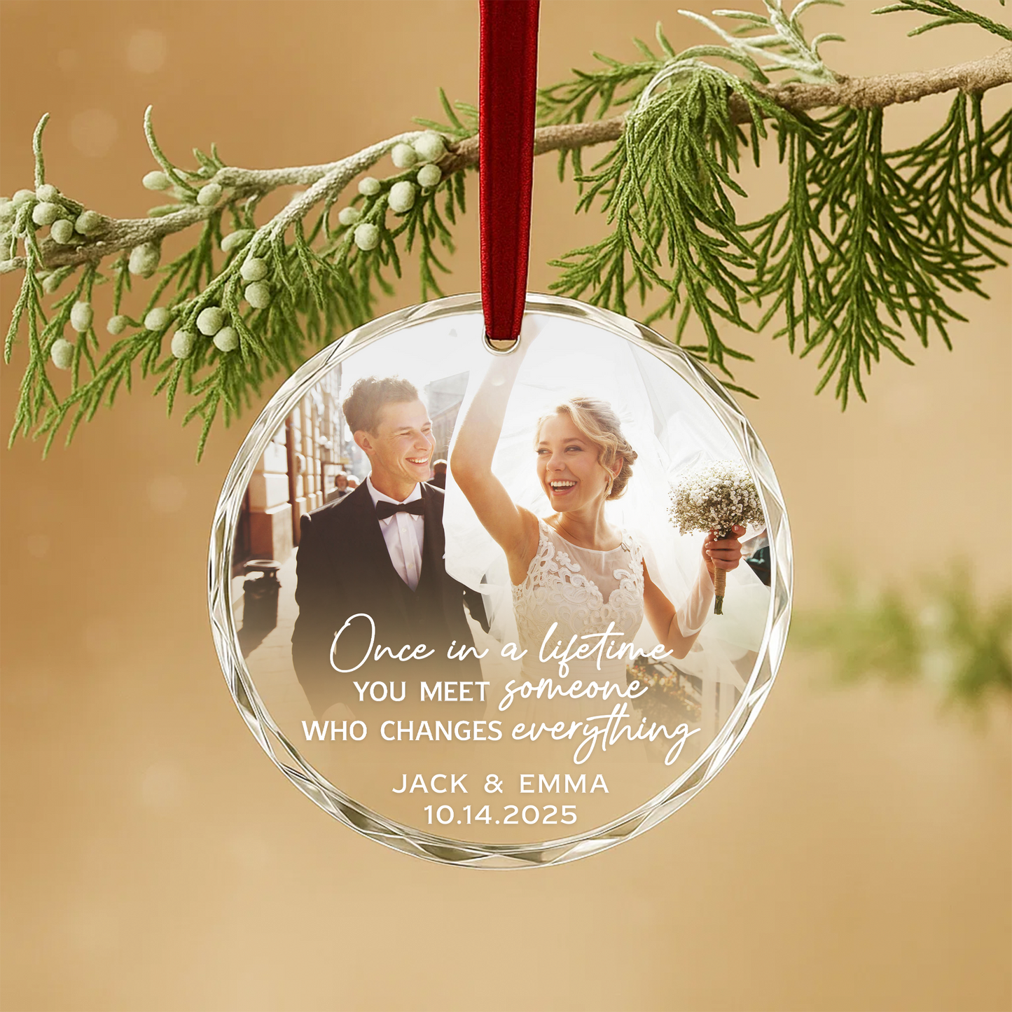 Once in a Lifetime Wedding Photo Custom Glass Ornament