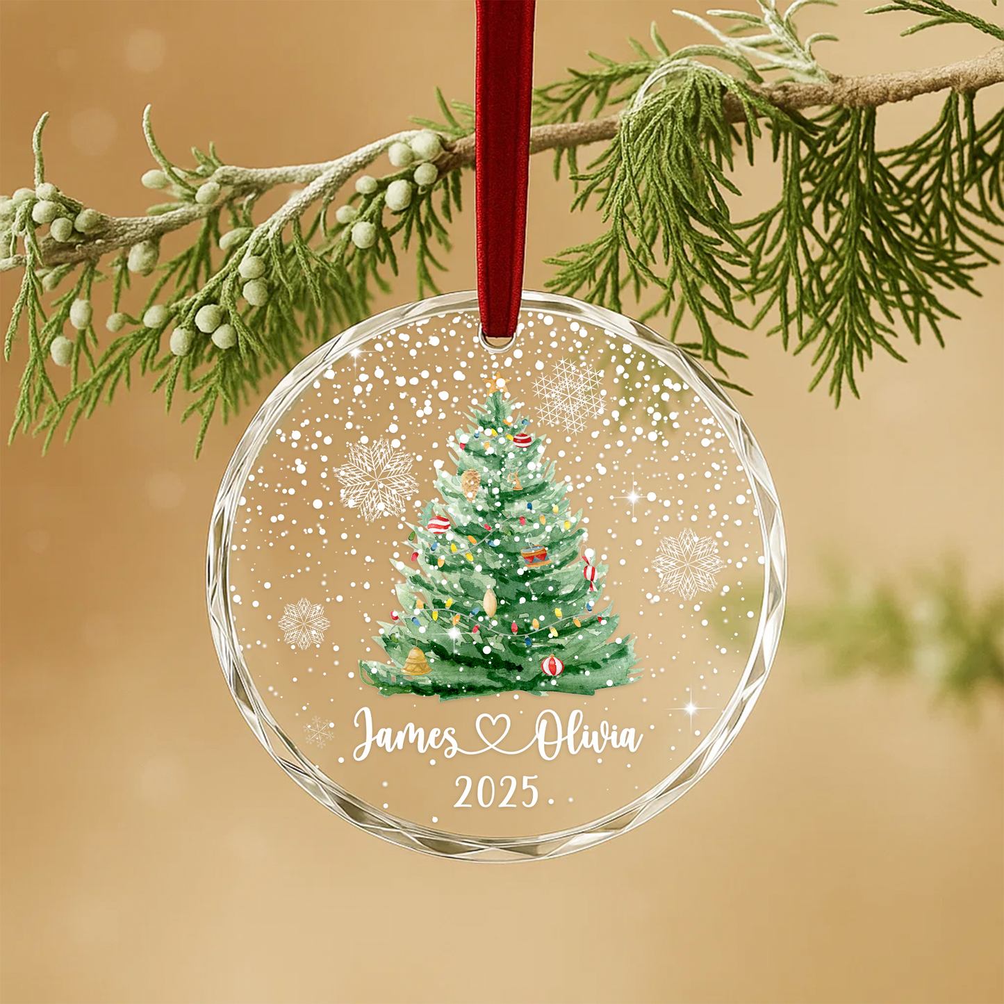 Christmas Tree Ornament with Couple Names, Personalized Holiday Keepsake