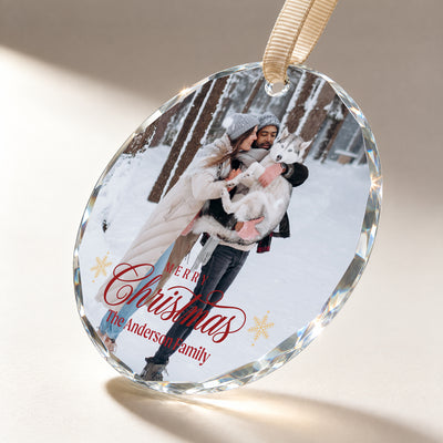 Personalized Family Christmas Glass Ornament – Custom Family Photo and Name, Merry Christmas Keepsake Gift