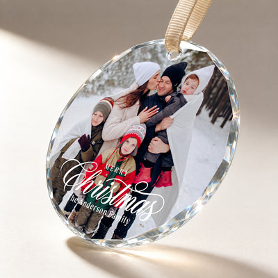 Personalized Family Christmas Glass Ornament – Custom Family Photo and Name, Merry Christmas Family of Five Keepsake Gift