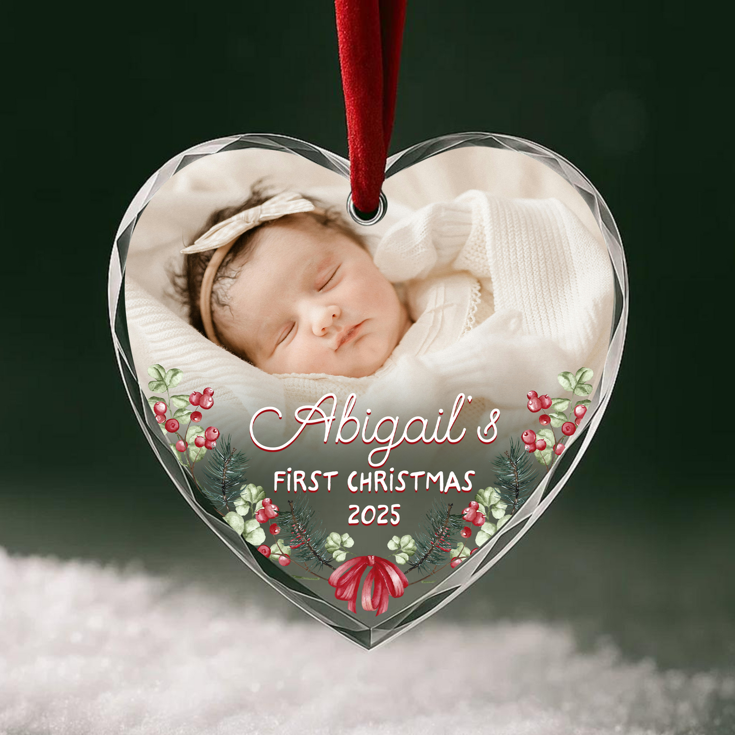 Baby’s First Christmas Photo with Floral Border Custom Glass Ornament