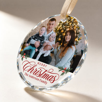 Personalized Family Christmas Glass Ornament – Custom Family Photo and Last Name, Merry Christmas Family of Four Keepsake Gift