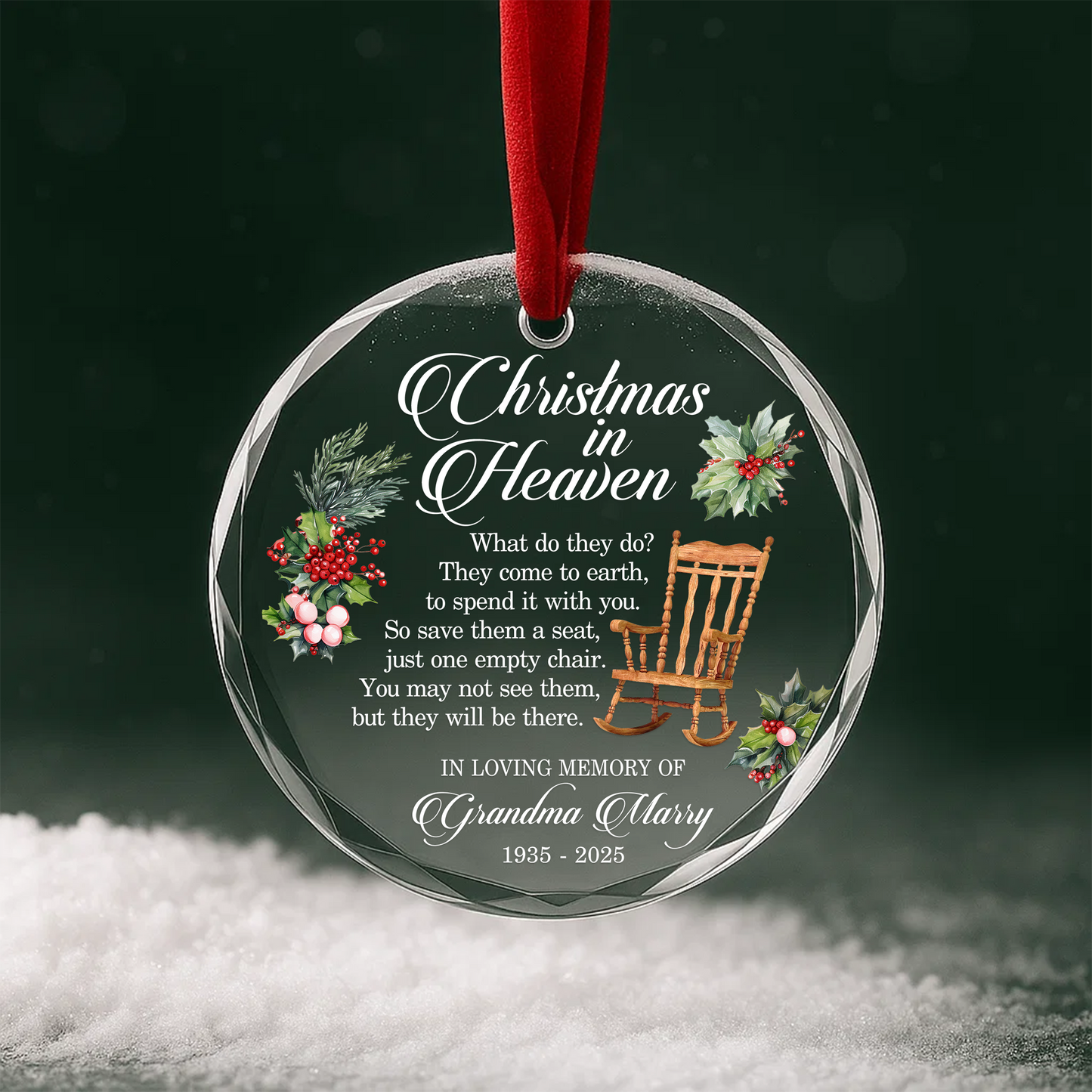 Christmas in Heaven with Rocking Chair Memorial Custom Glass Ornament