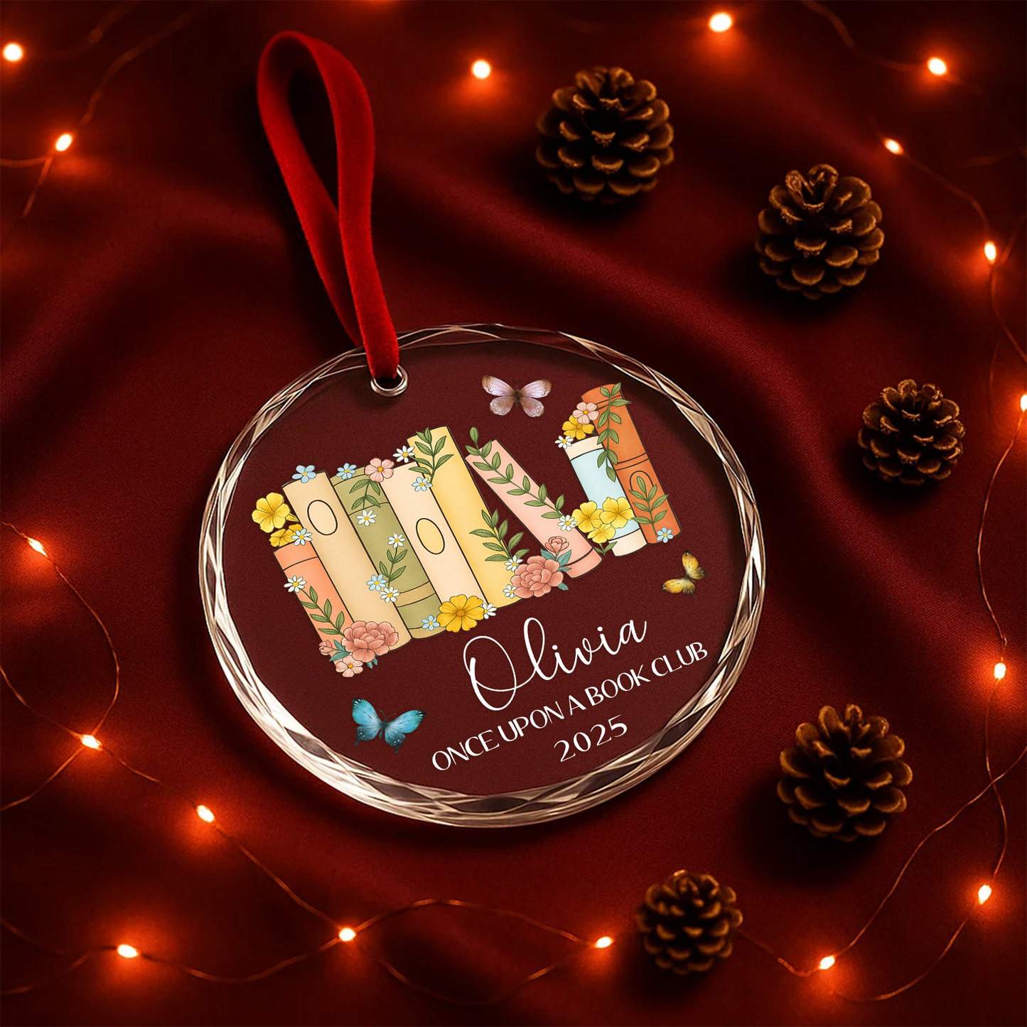 Once Upon a Book Club Ornament, Floral Book Stack Personalized Design