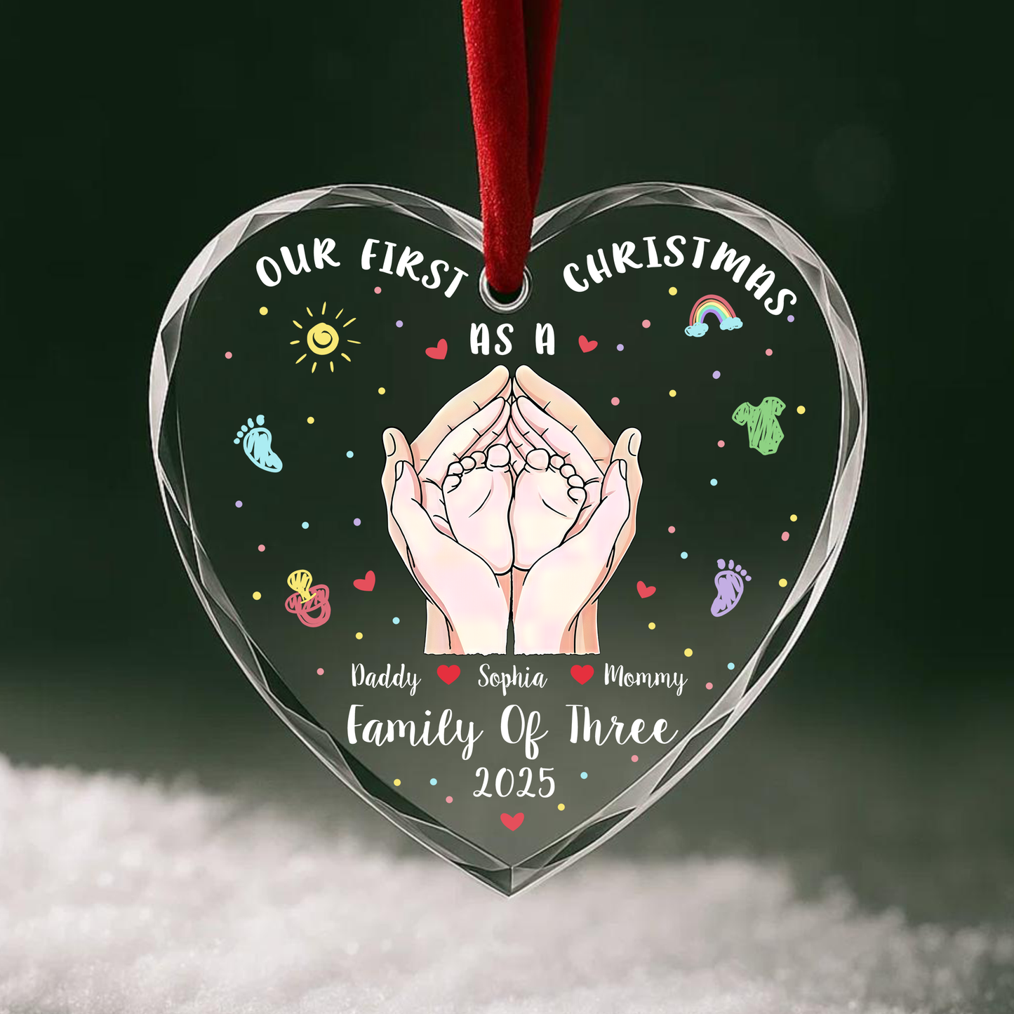 Our First Christmas as a Family of Three Hands & Baby Feet Ornament