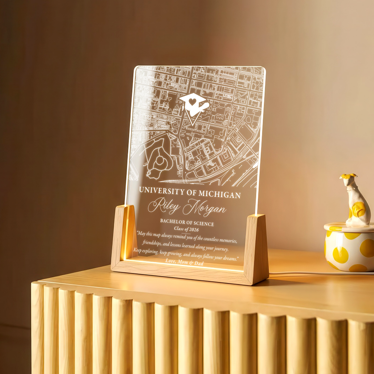 Custom Graduation Map LED Plaque – Personalized University Gift with Name, Degree & Class Year
