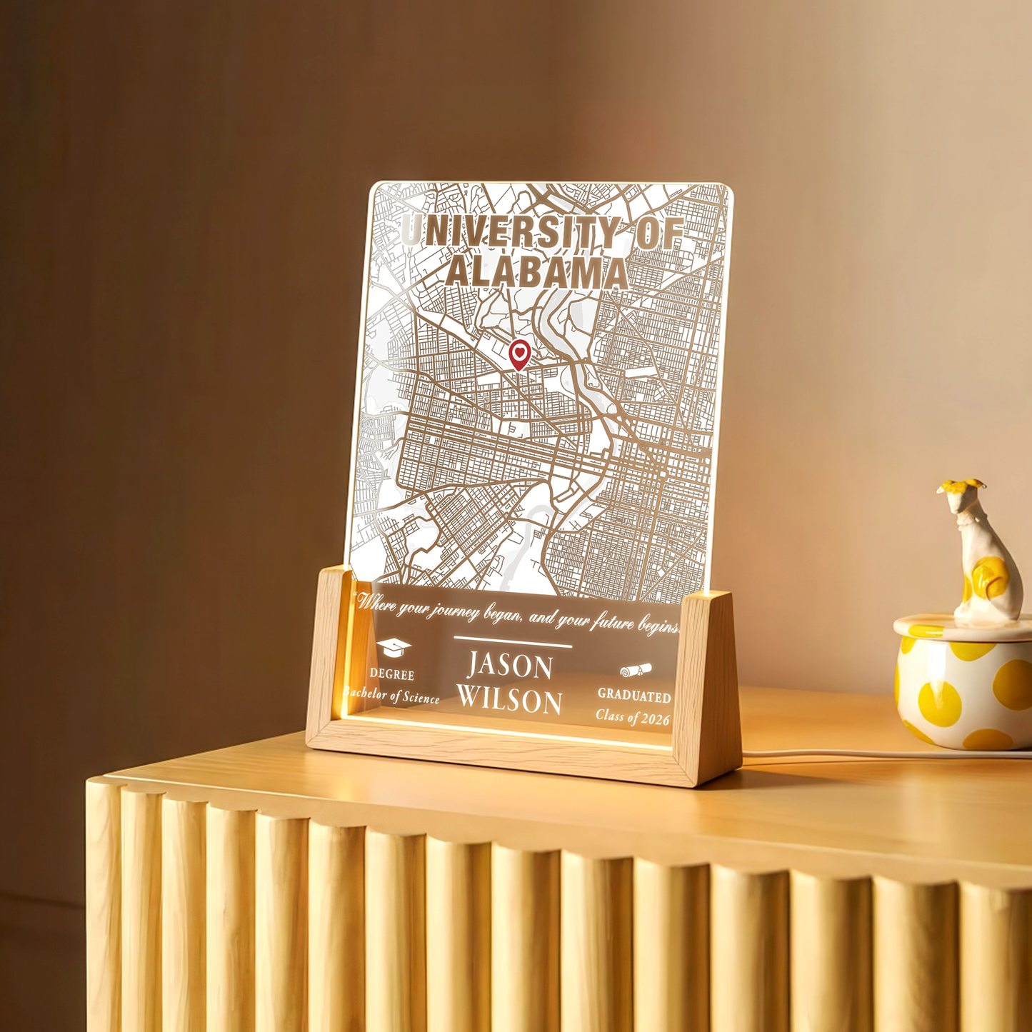 Personalized Graduation Map LED Plaque – Custom University Gift with Name, Degree & Year