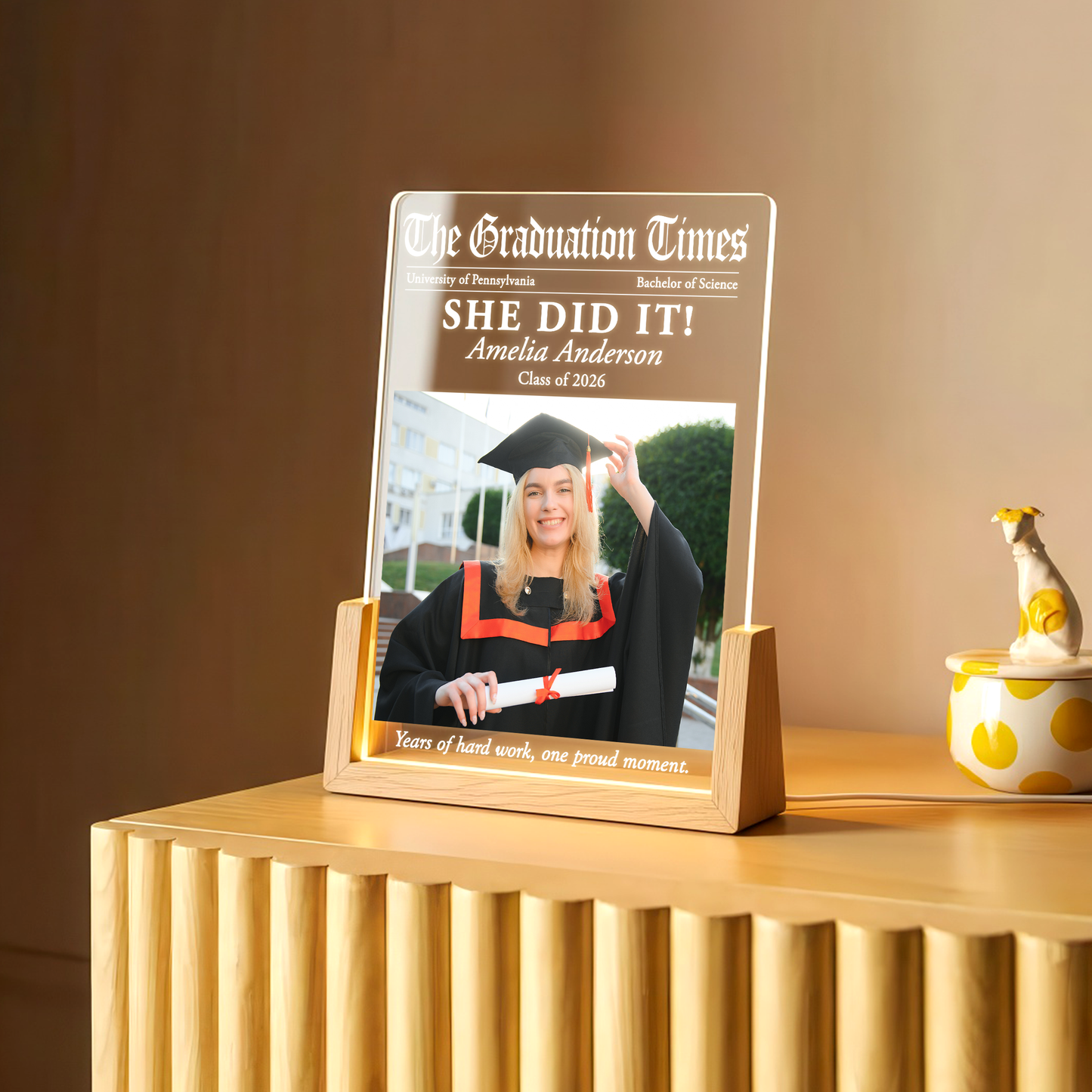 Personalized Graduation Newspaper LED Plaque – Custom Photo, Name & School Gift for Class of 2026