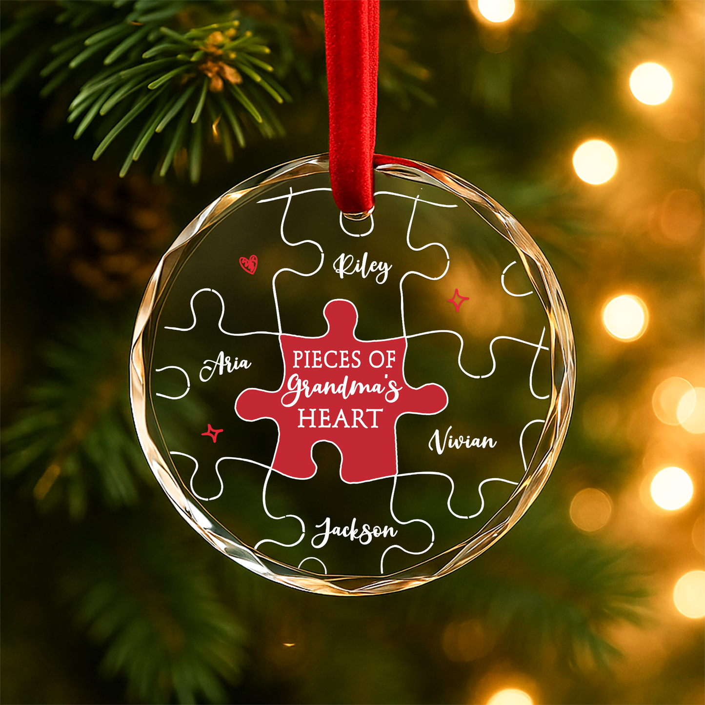Pieces of Grandma’s Heart Puzzle Custom Glass Ornament