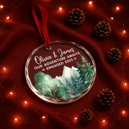Our Adventure Awaits, Engaged 2025, Mountain Forest Watercolor Ornament
