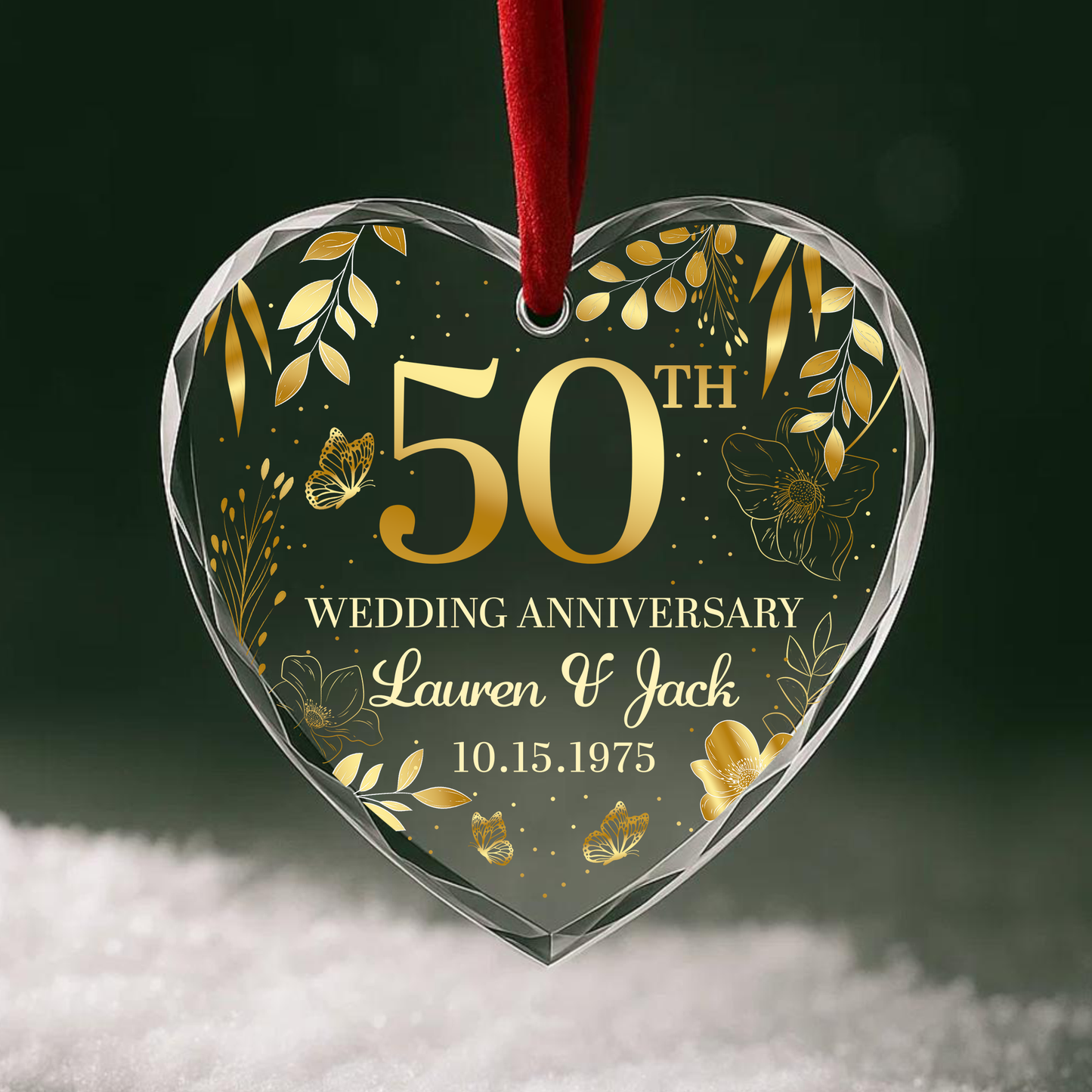 50th Wedding Anniversary Gold Floral Custom Glass Ornament