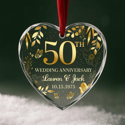 50th Wedding Anniversary Gold Floral Custom Glass Ornament