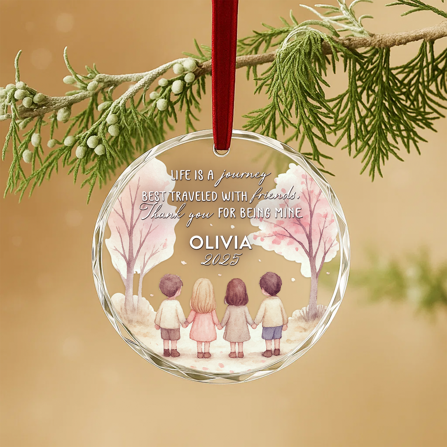 Life Is a Journey Best Traveled with Friends, Watercolor Tree Scene Ornament