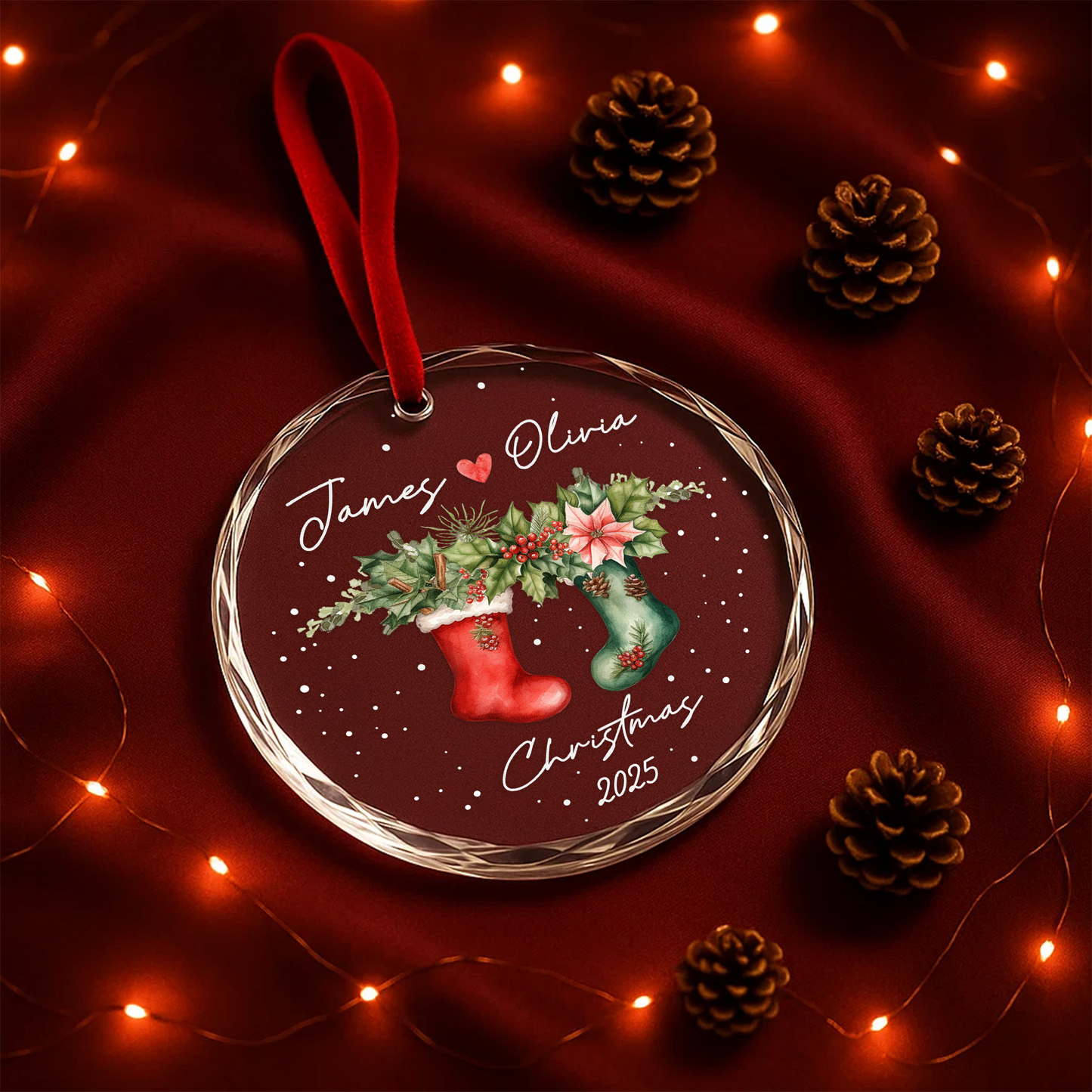 Couple Christmas Ornament with Matching Stockings, Custom Names & Year