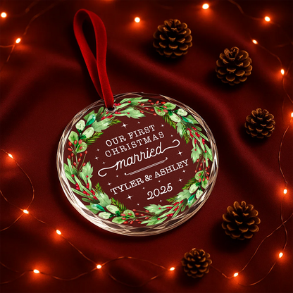 Our First Christmas Married Wreath Custom Glass Ornament