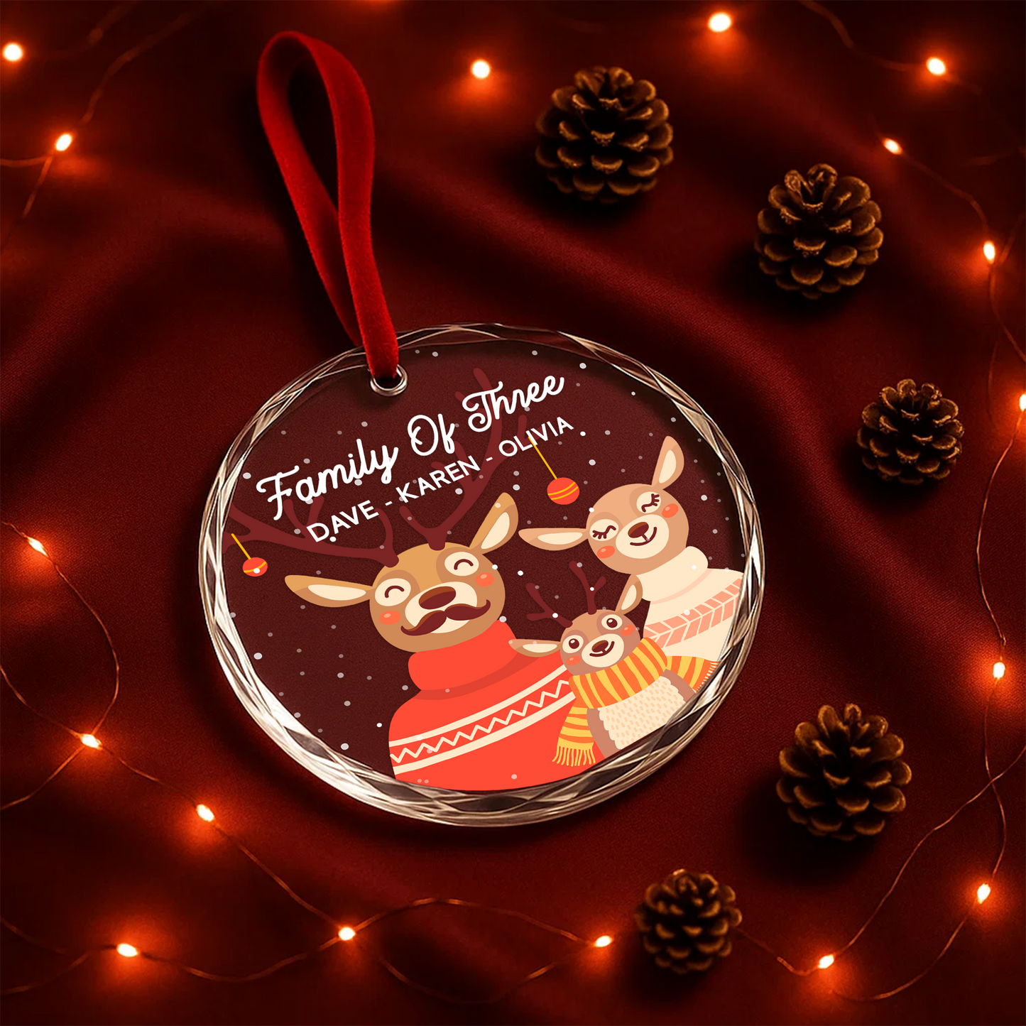 Family of Three Reindeer Custom Glass Ornament