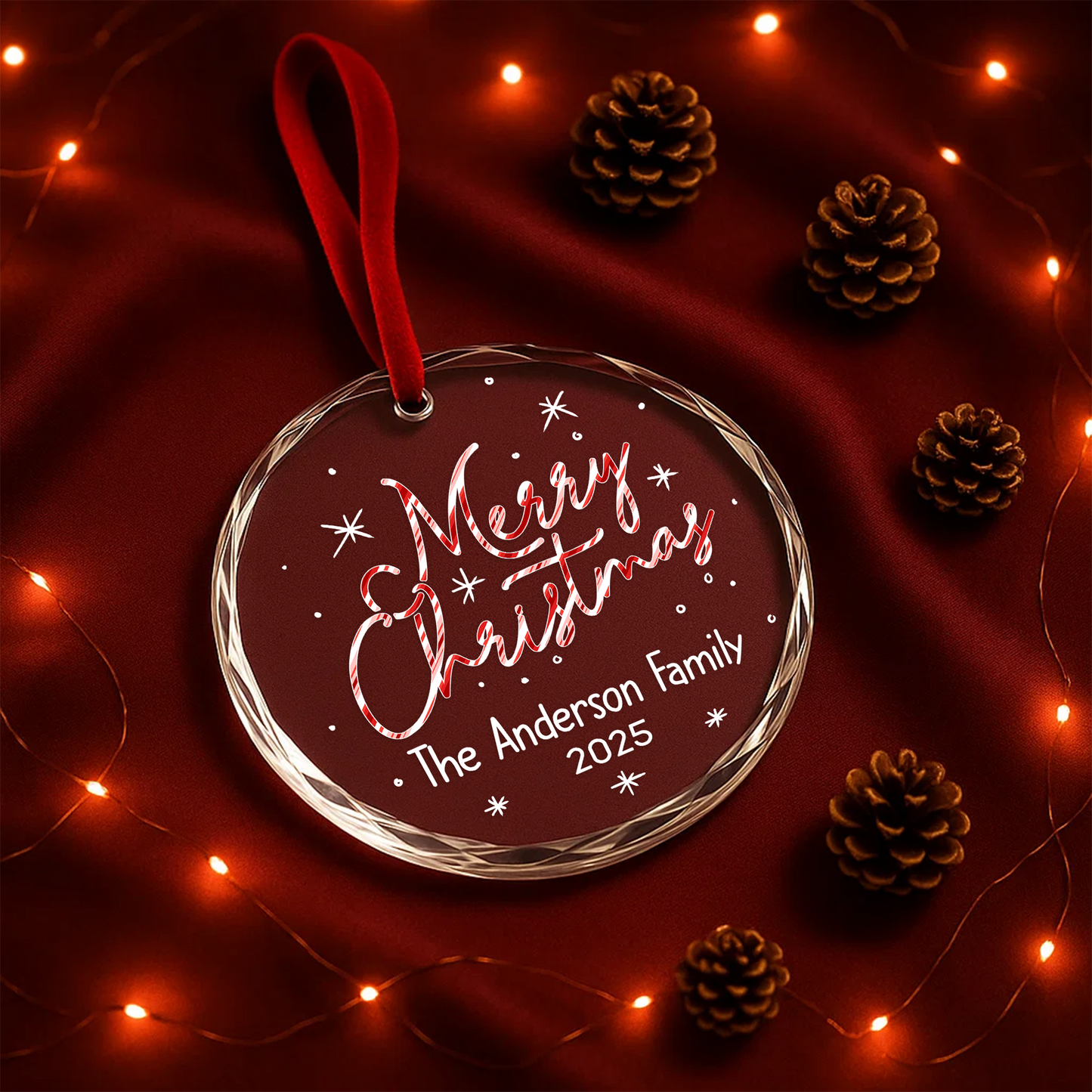 Merry Christmas Candy Cane Text Custom Glass Ornament
