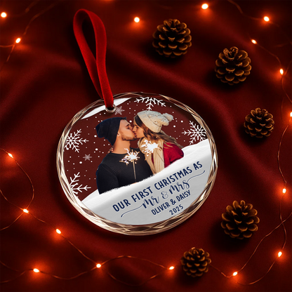 Our First Christmas as Mr and Mrs Couple Photo Custom Glass Ornament