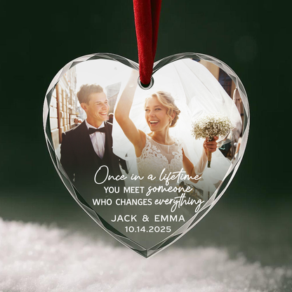 Once in a Lifetime Wedding Photo Custom Glass Ornament