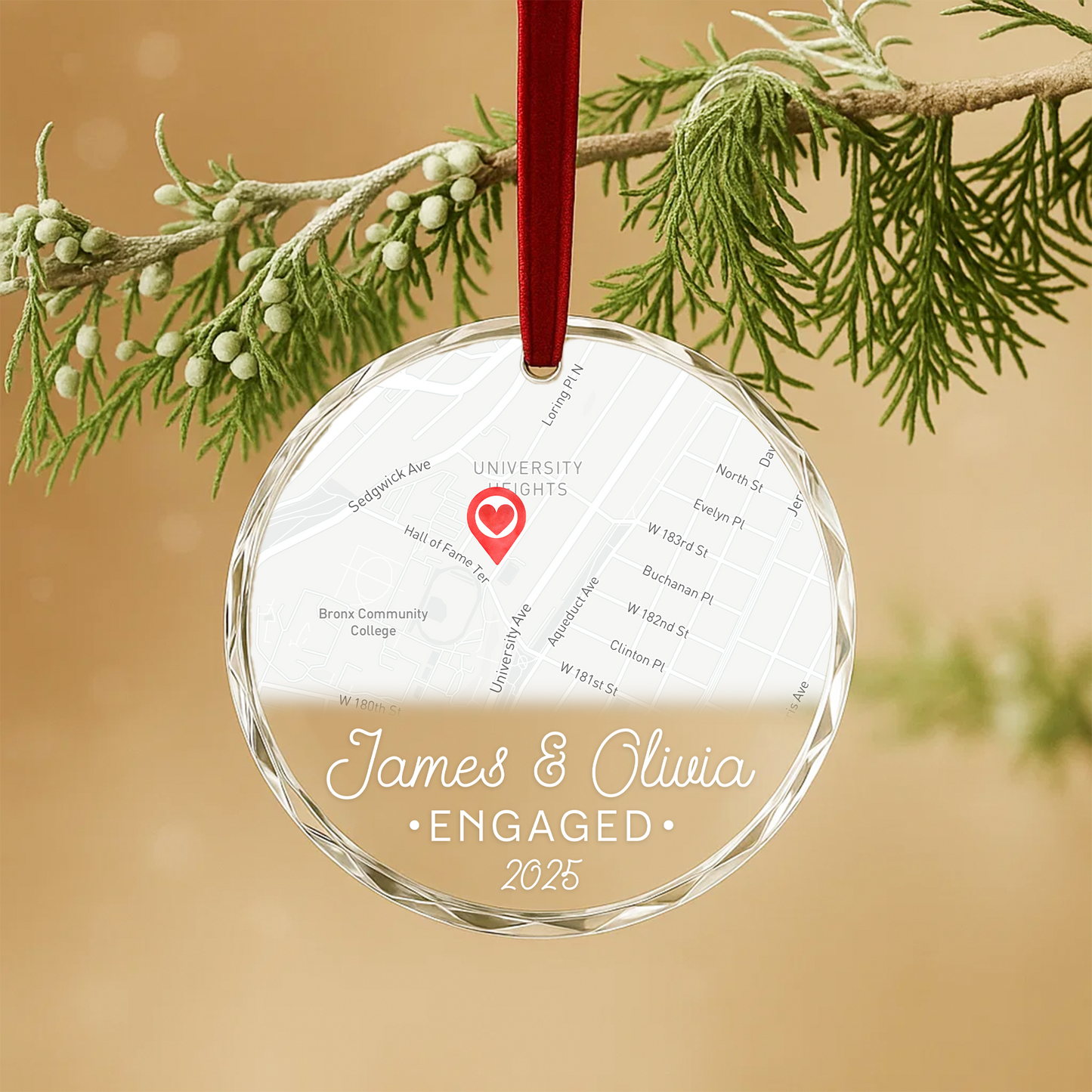 Engaged 2025 Custom Map Heart Ornament, Where Our Story Began