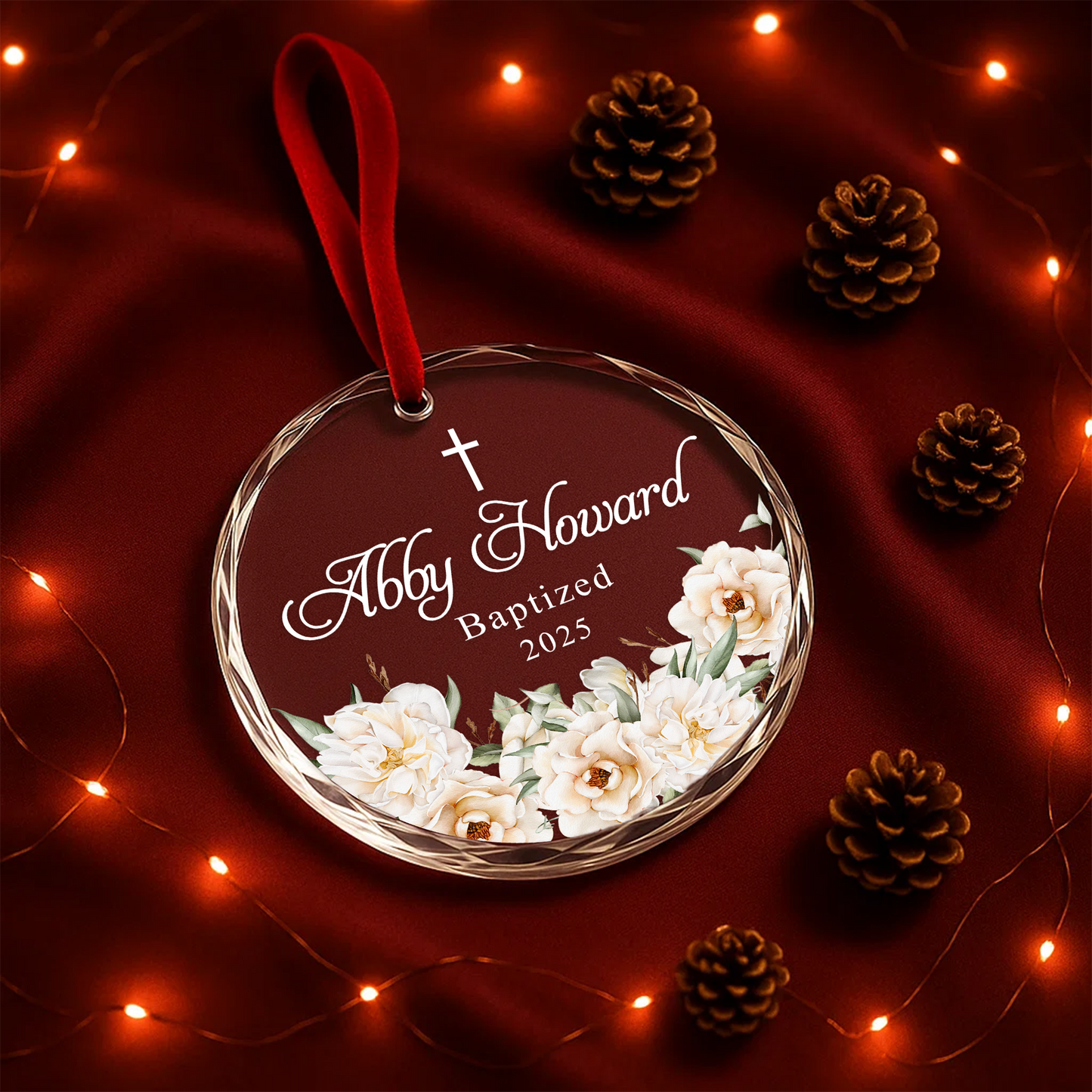 Baptism White Flowers Cross Custom Glass Ornament