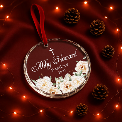 Baptism White Flowers Cross Custom Glass Ornament