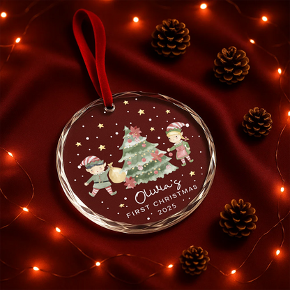 My First Christmas Elves and Tree Custom Glass Ornament