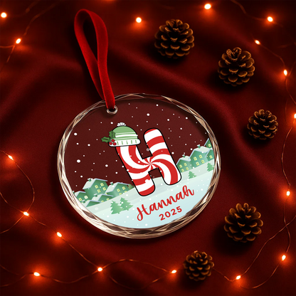 Monogram Letter Name Candy Cane Custom Glass Ornament