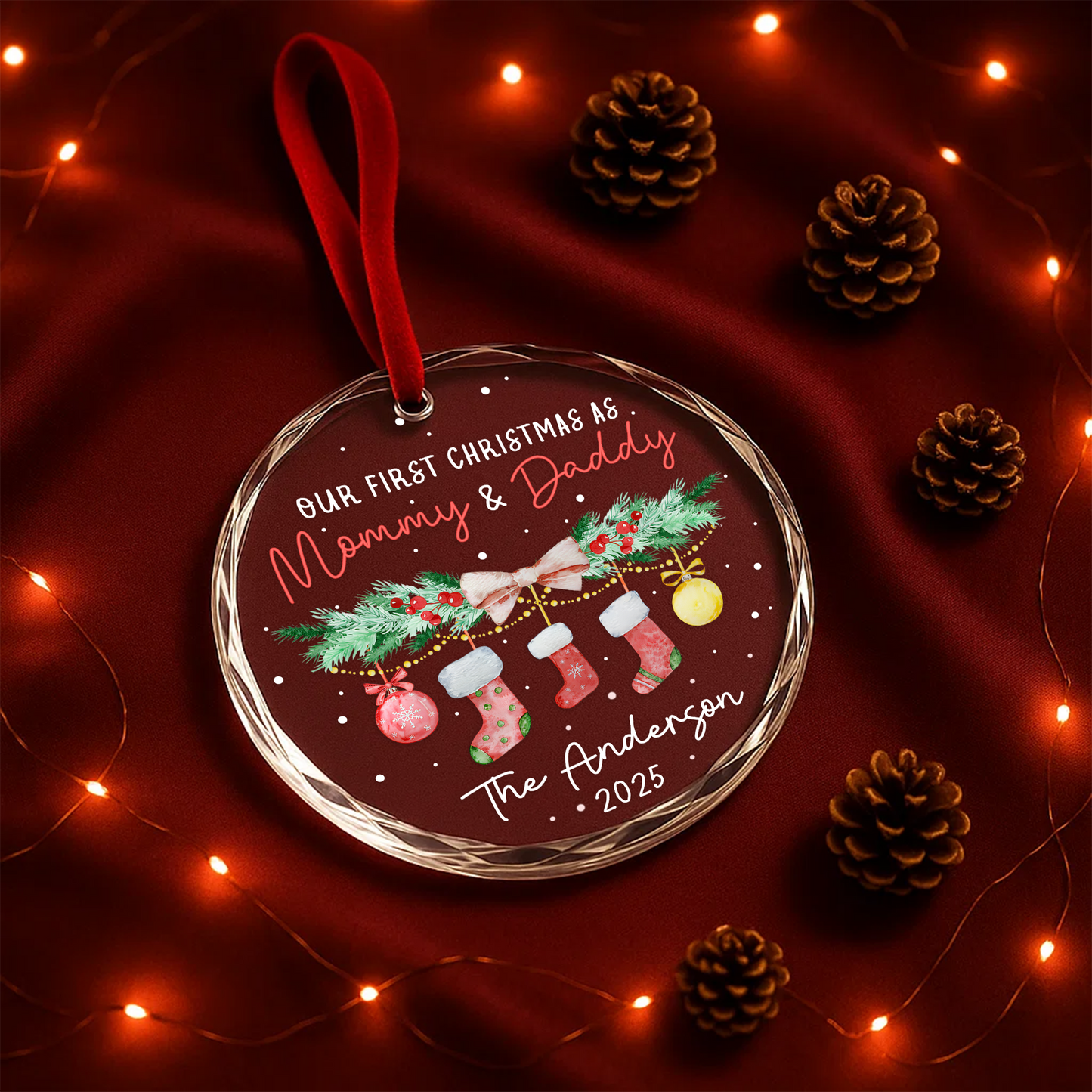 Our First Christmas as Mommy Daddy Stocking Garland Custom Glass Ornament