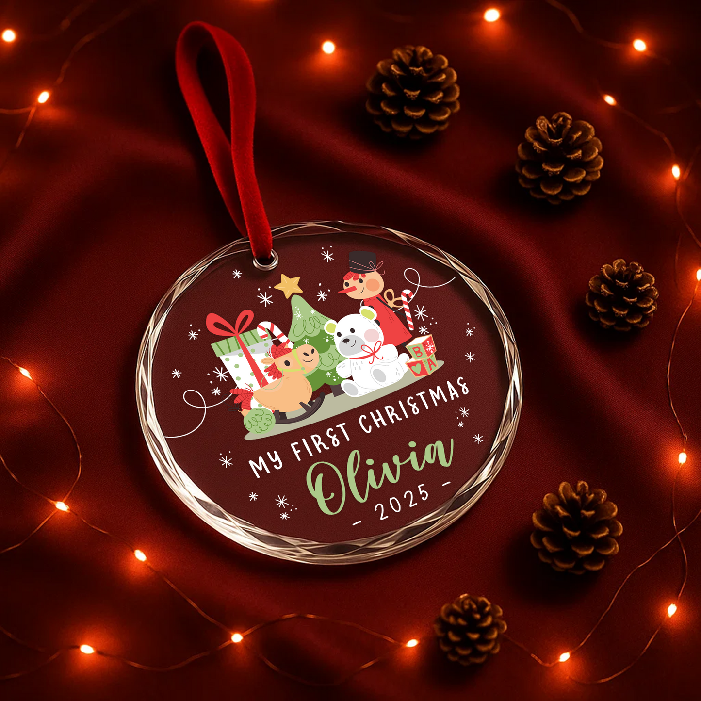 My First Christmas Toys and Tree Custom Glass Ornament