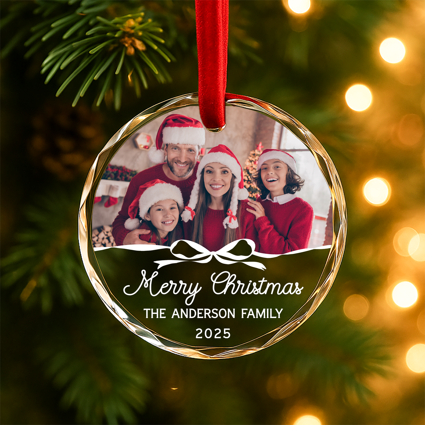 Merry Christmas Family Ornament, Custom Photo with Script Text