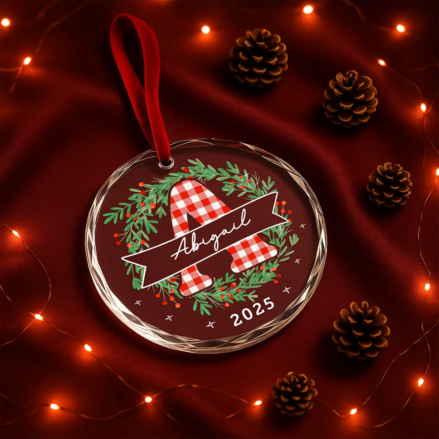 Gingham Letter Wreath with Name Custom Glass Ornament