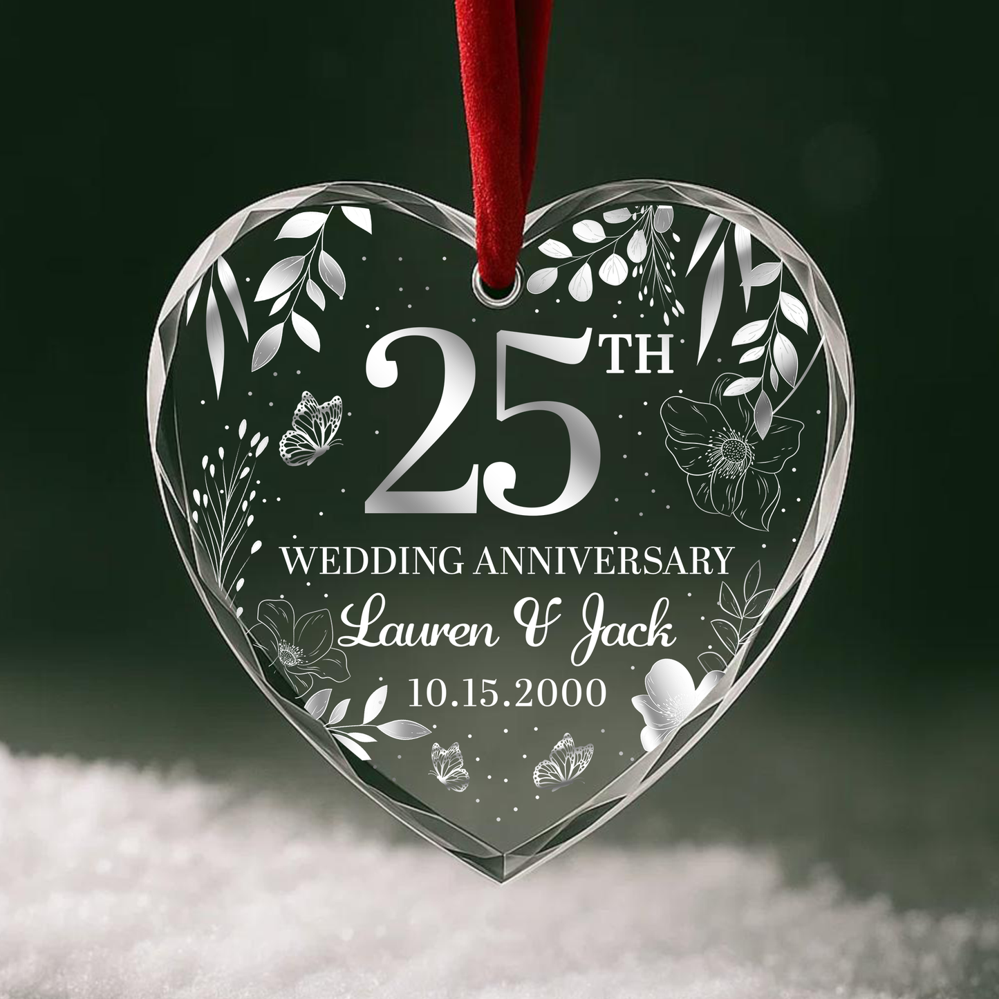 25th Wedding Anniversary Silver Floral Custom Glass Ornament