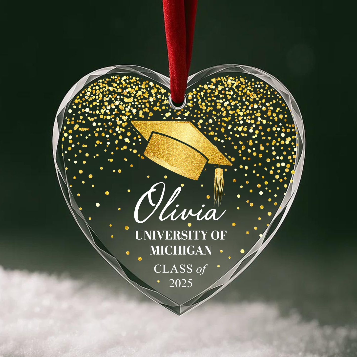 Graduation Cap Gold Confetti Custom Glass Ornament