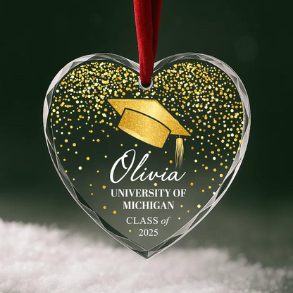 Graduation Cap Gold Confetti Custom Glass Ornament