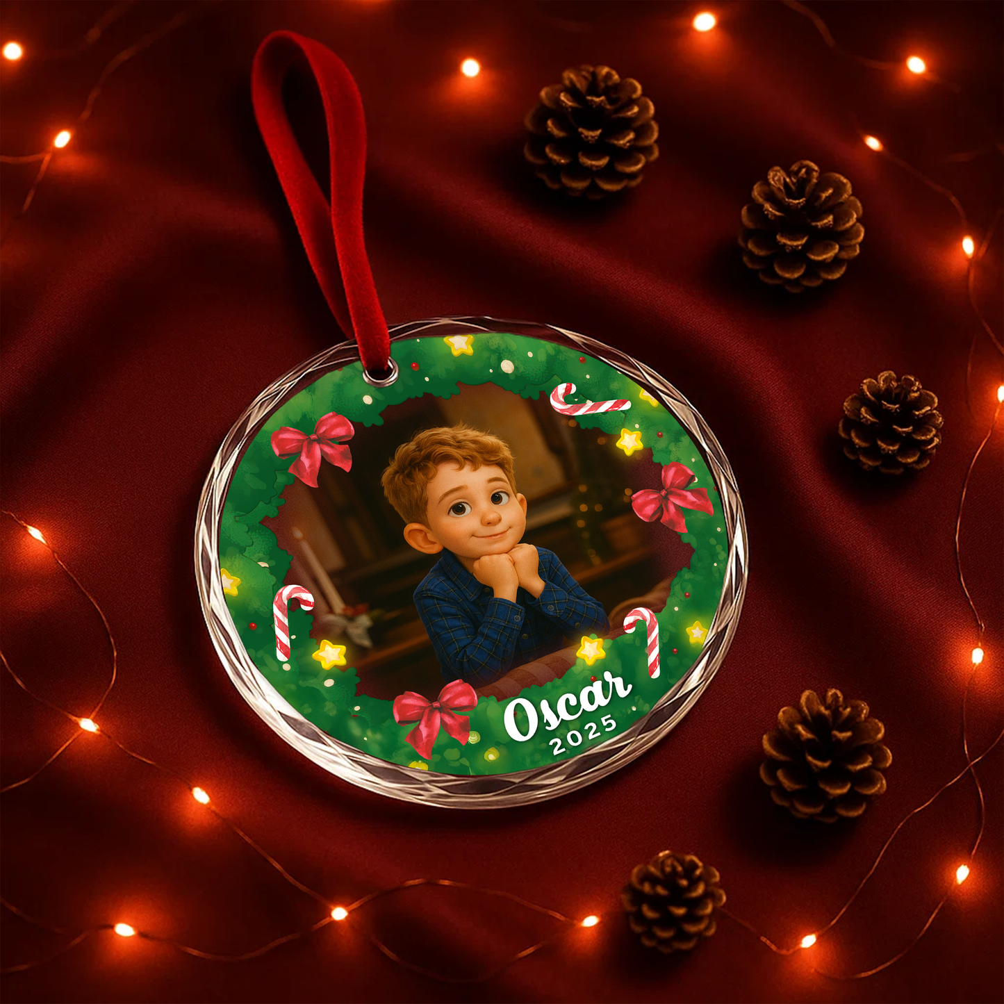 Cartoon Style Child Portrait Christmas Wreath Custom Glass Ornament