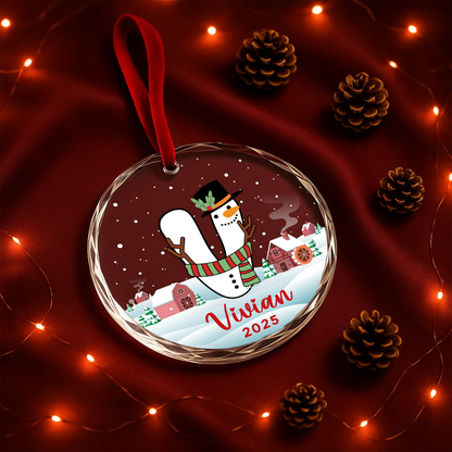 Monogram Letter Name Snowman Custom Glass Ornament
