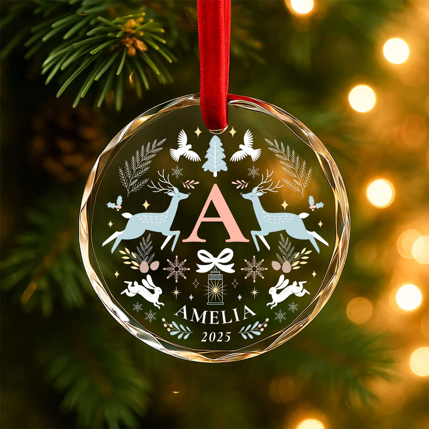 Custom Name Initial Ornament, Reindeer Floral Heart Design