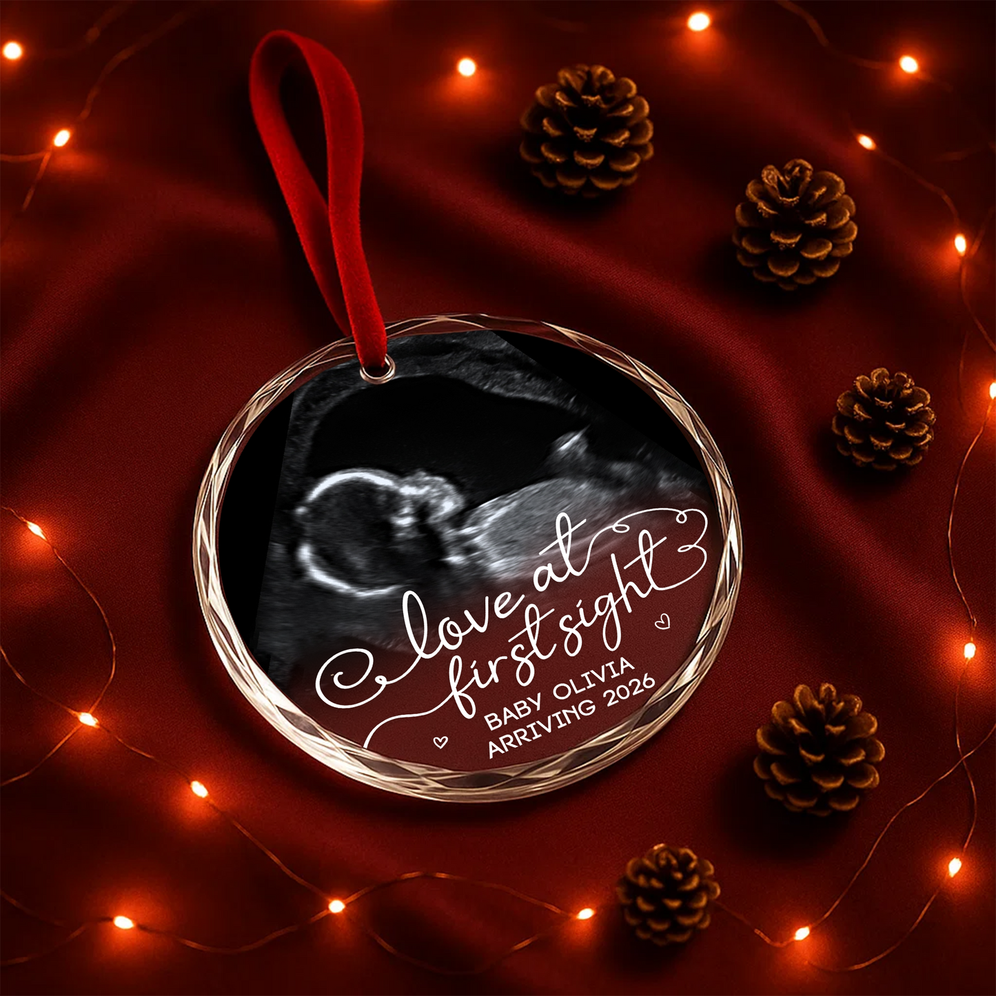 Love at First Sight Ultrasound Baby Announcement Custom Glass Ornament