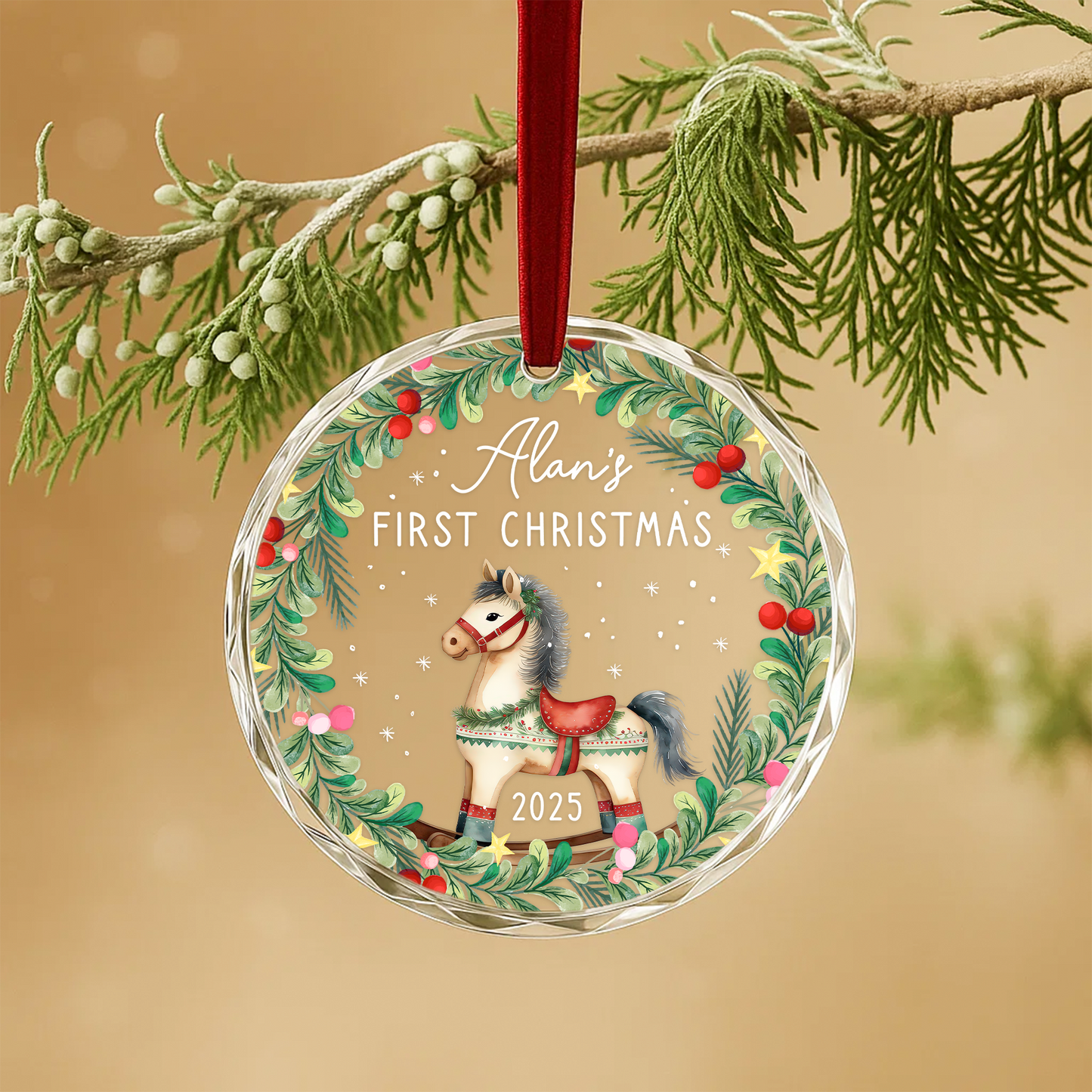 My First Christmas Rocking Horse Custom Glass Ornament