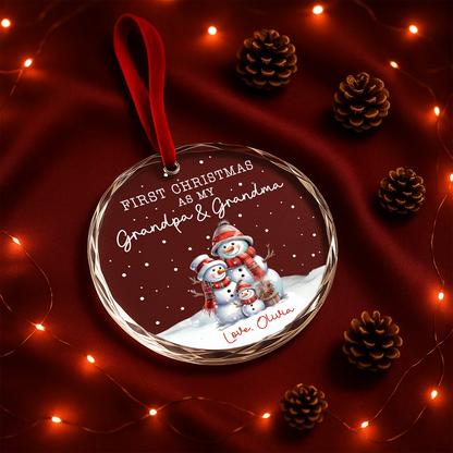 First Christmas as My Grandpa Grandma Snowman Family Custom Glass Ornament