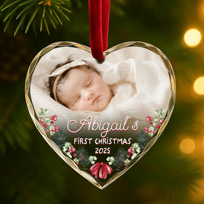 Baby’s First Christmas Photo with Floral Border Custom Glass Ornament