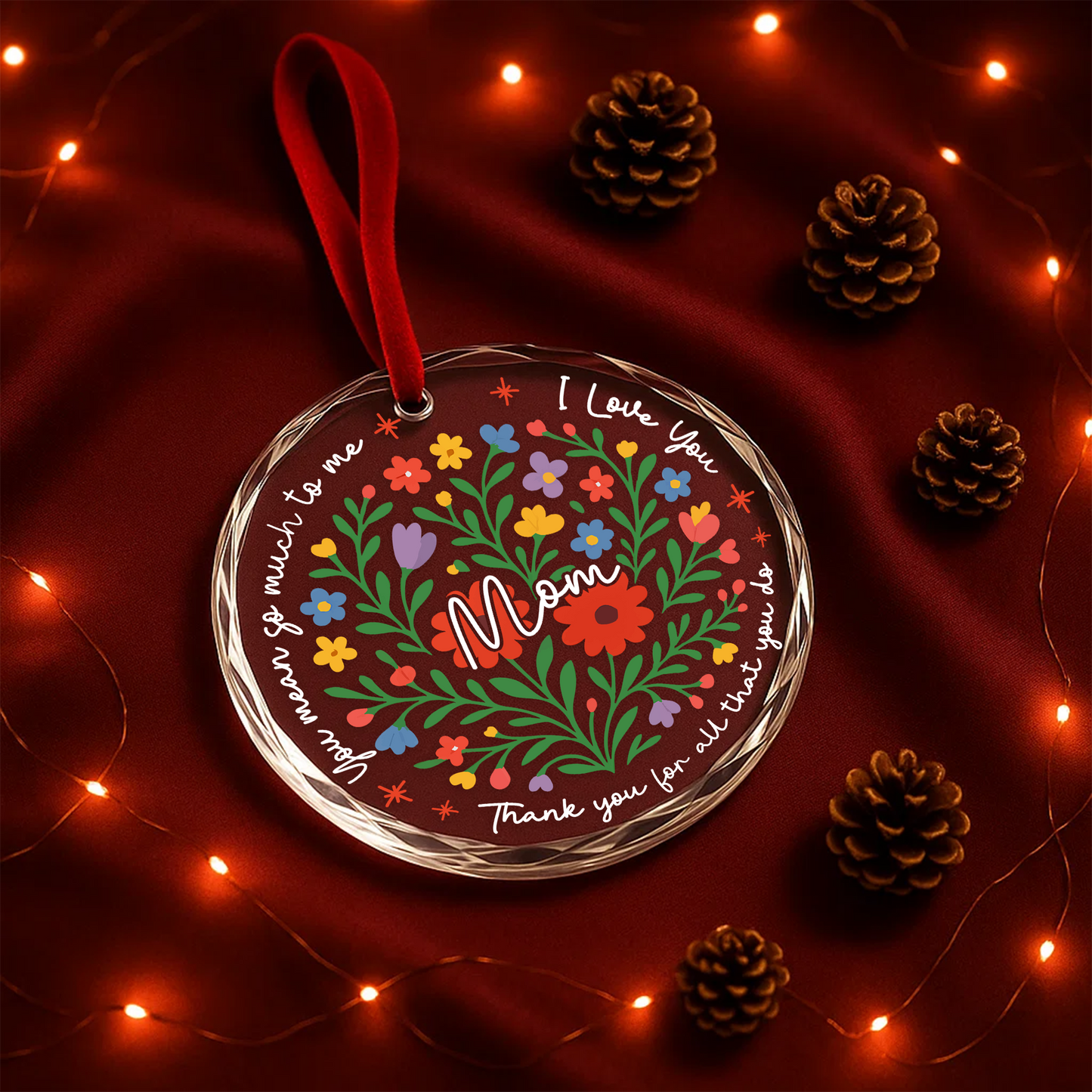 I Love You Mom, Floral Heart Ornament, Thank You Gift for Mother