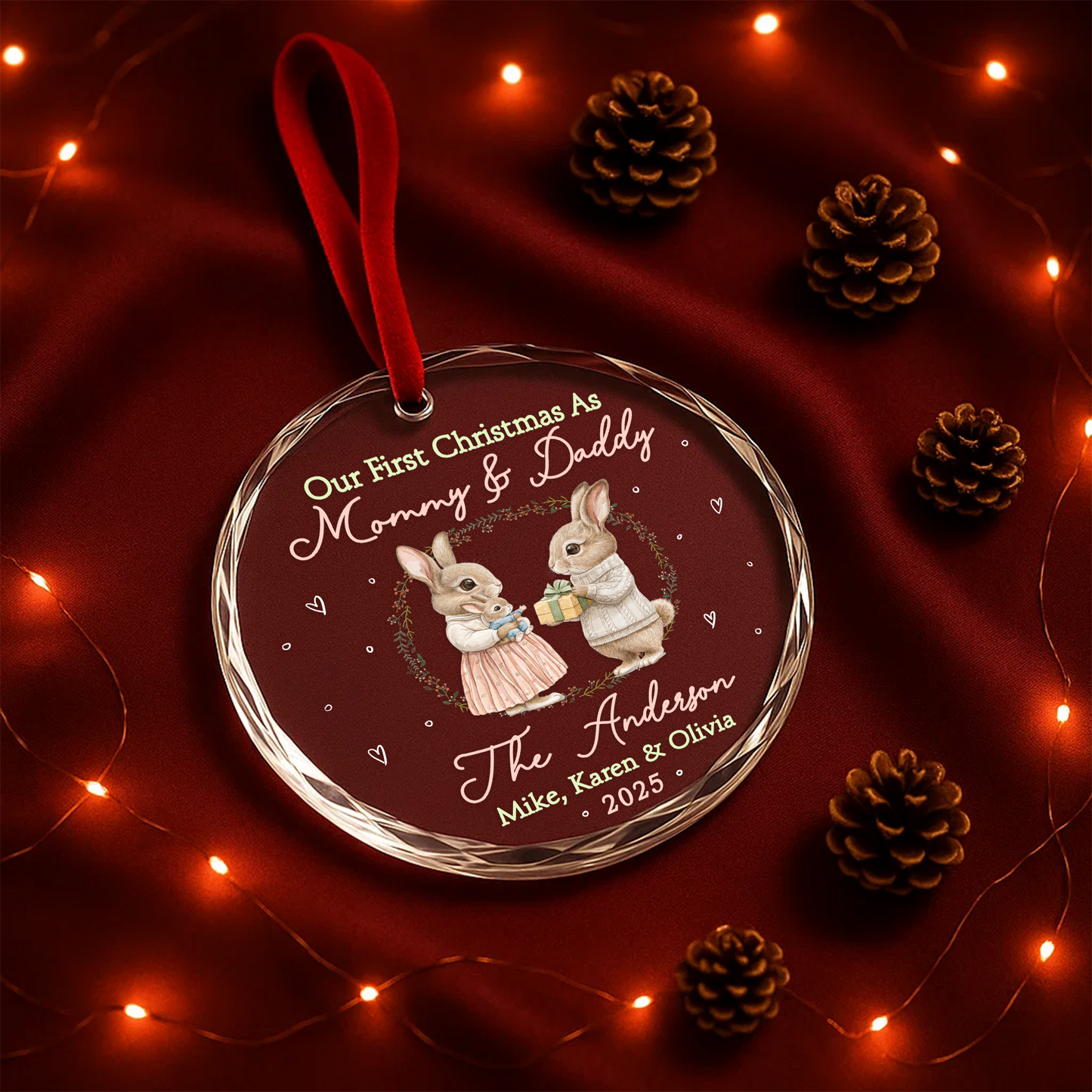 Our First Christmas as Mommy Daddy Bunny Couple Custom Glass Ornament