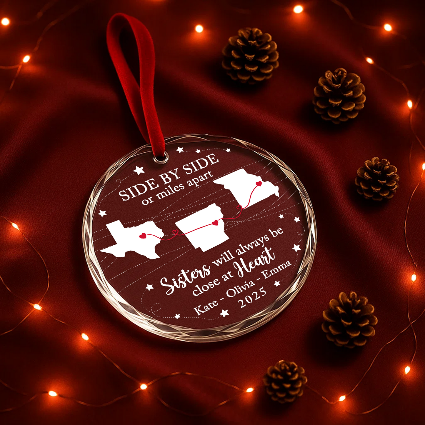 Sisters Will Always Be Close at Heart Long Distance Map Ornament