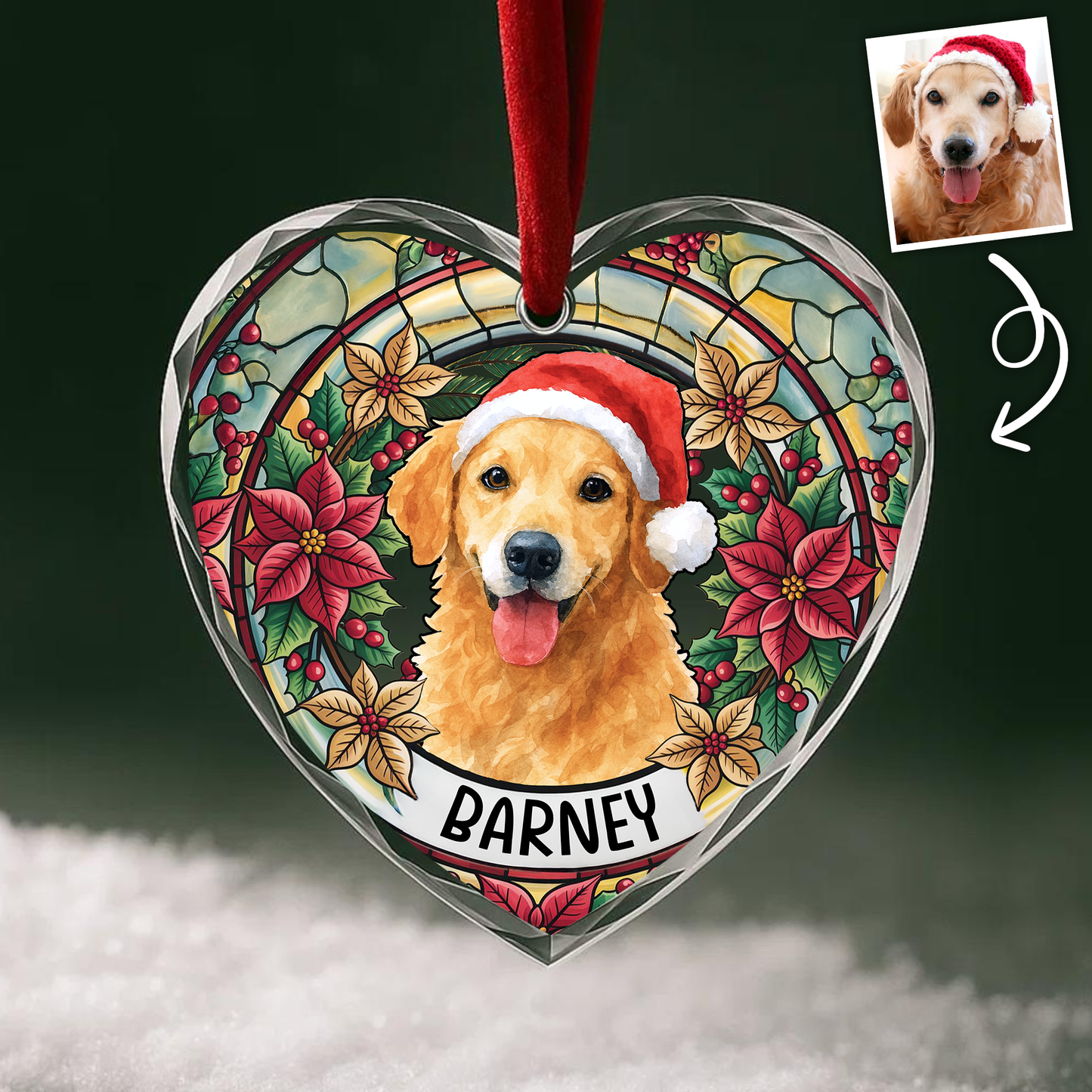 Custom Pet Portrait Christmas Wreath Glass Ornament