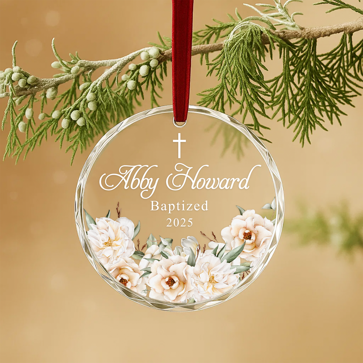 Baptism White Flowers Cross Custom Glass Ornament