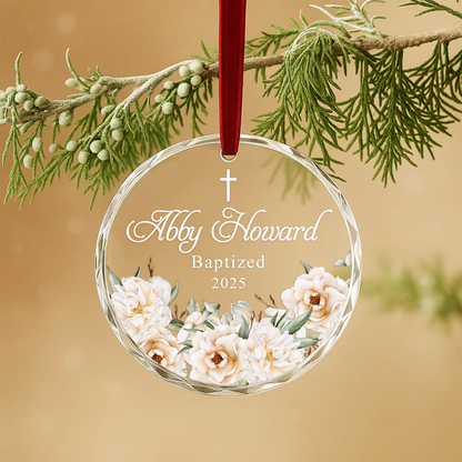 Baptism White Flowers Cross Custom Glass Ornament